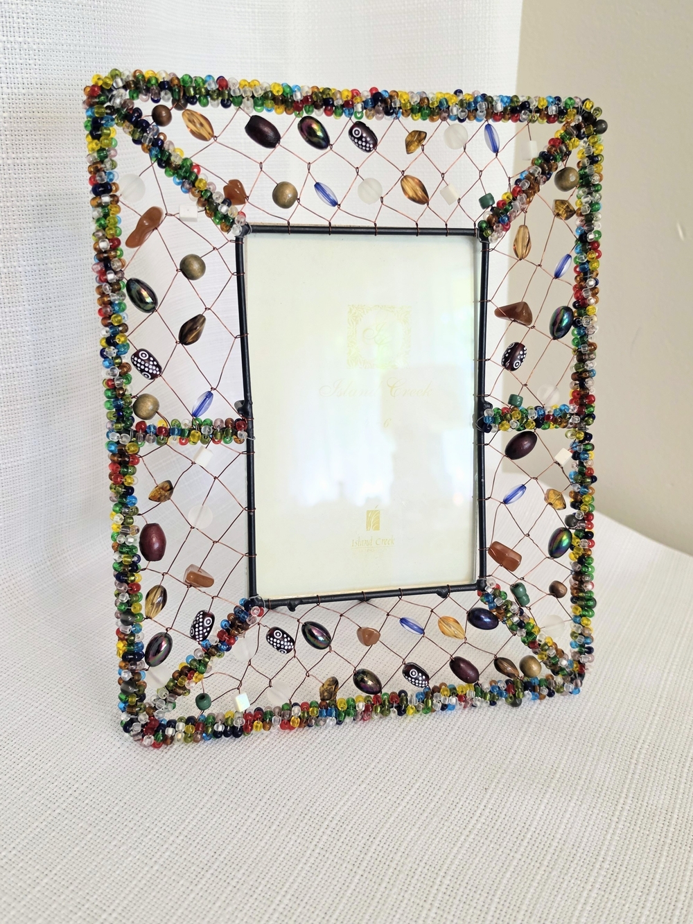 Wire Web Stone Beaded Photo Frame 4x6 Pic Tabletop Hanging Island Creek Bohemian